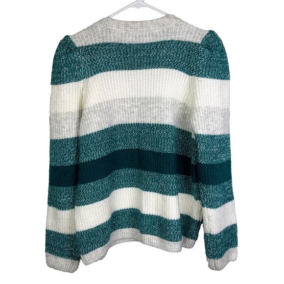 Vince Camuto Puff Sleeve Cardigan Button Front Knit Teal Grey Cream Striped L - Picture 5 of 10